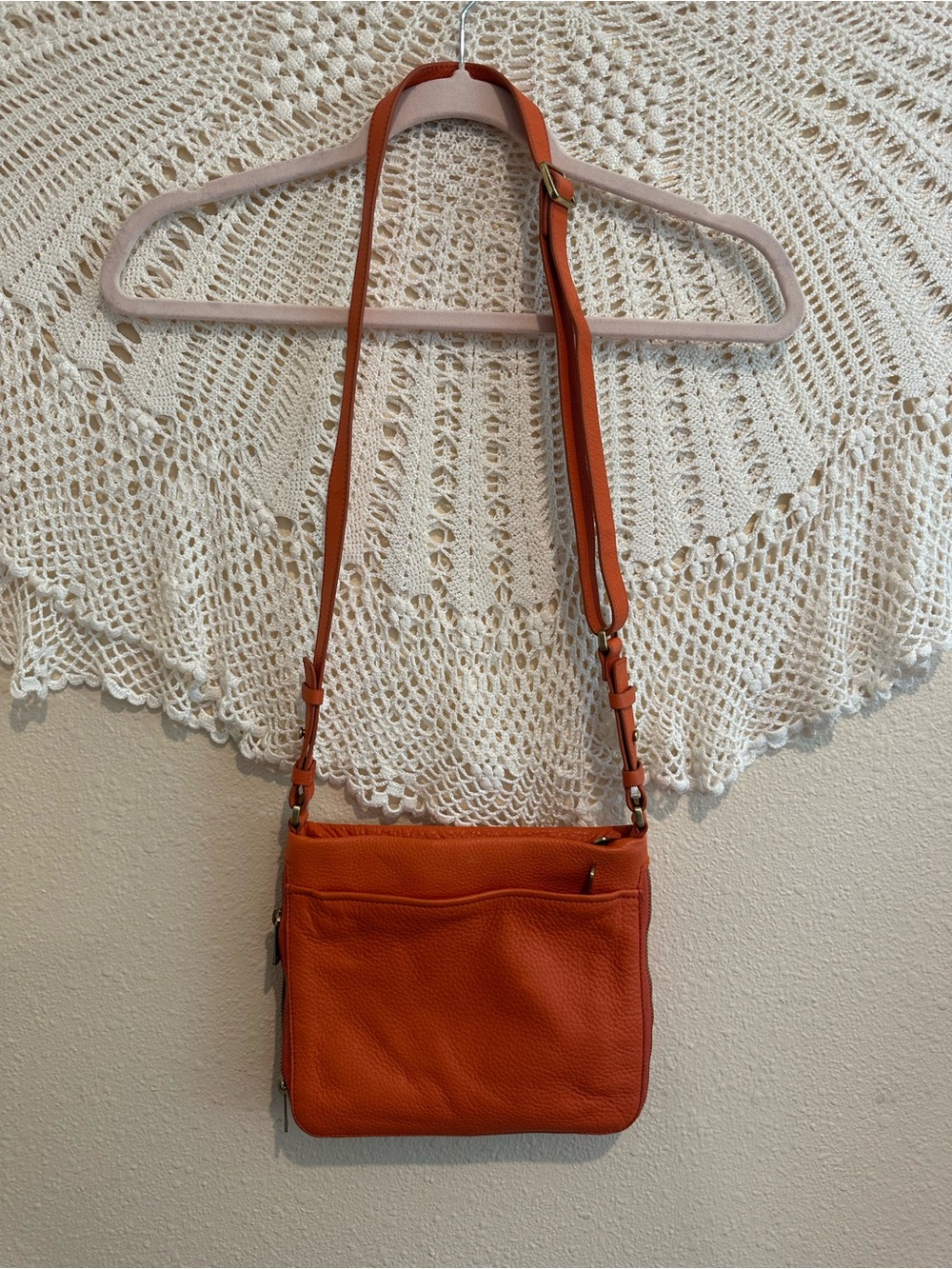 Fossil Orange Pebbled Leather Crossbody Bag